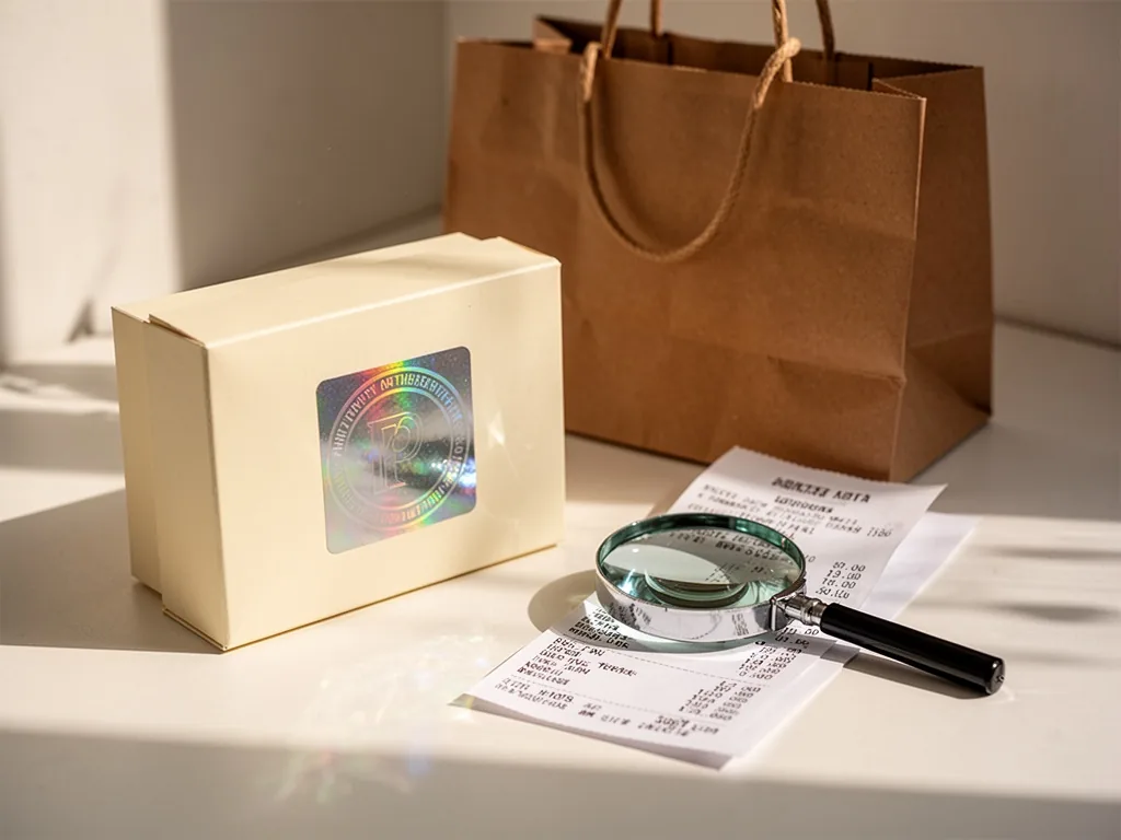 A cream box with a holographic authenticity sticker, a magnifying glass resting on a receipt, a brown paper shopping bag