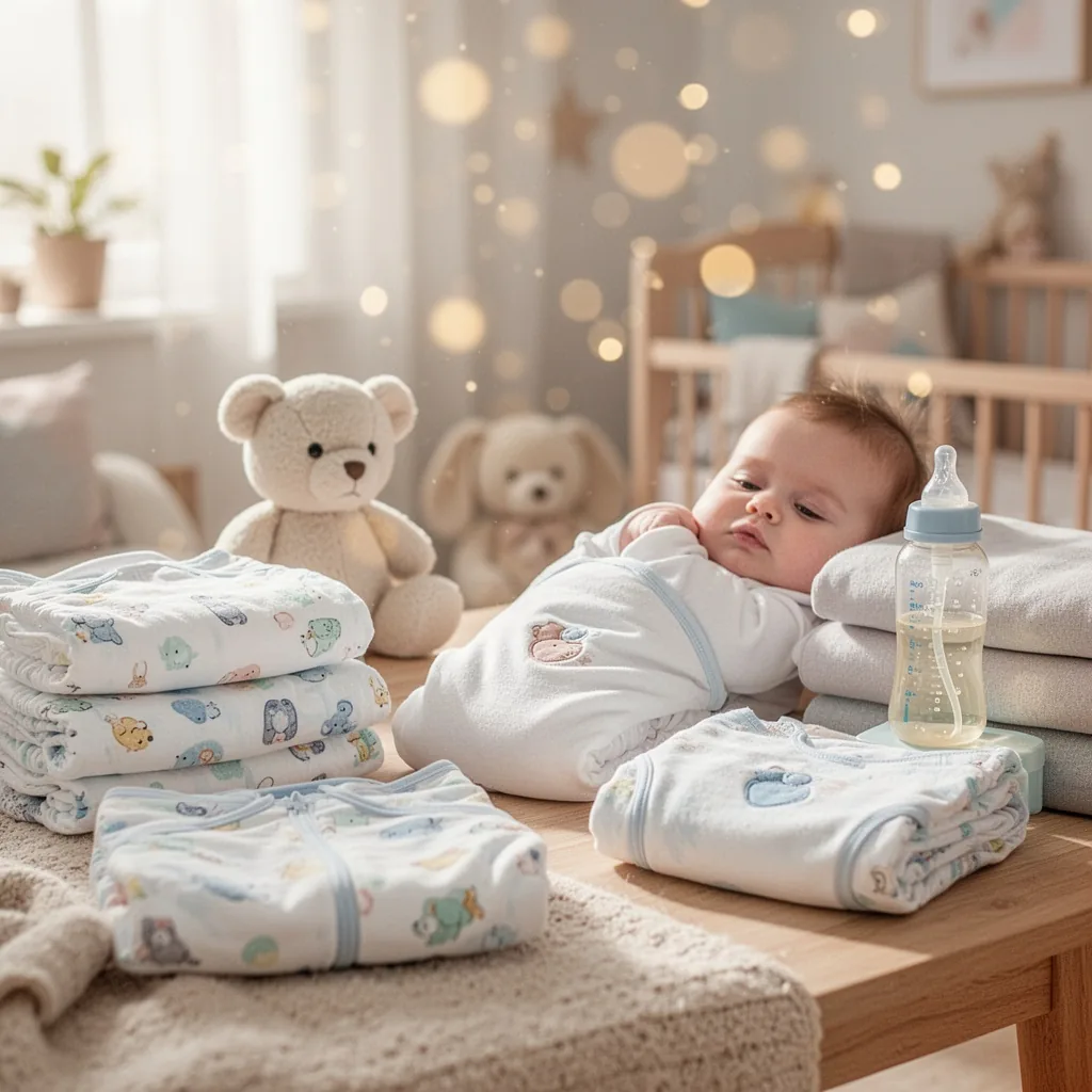 Une jeune maman assise sur un canapé, son bébé dans les bras, une tasse de thé à la main, le regard pensif tourné vers une