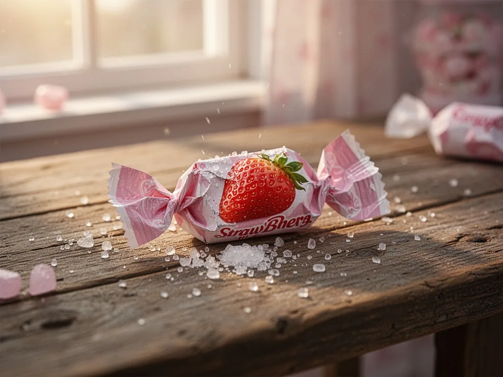 A crushed strawberry candy wrapper crinkled on a rustic wooden table, scattered sugar crystals catching soft window ligh