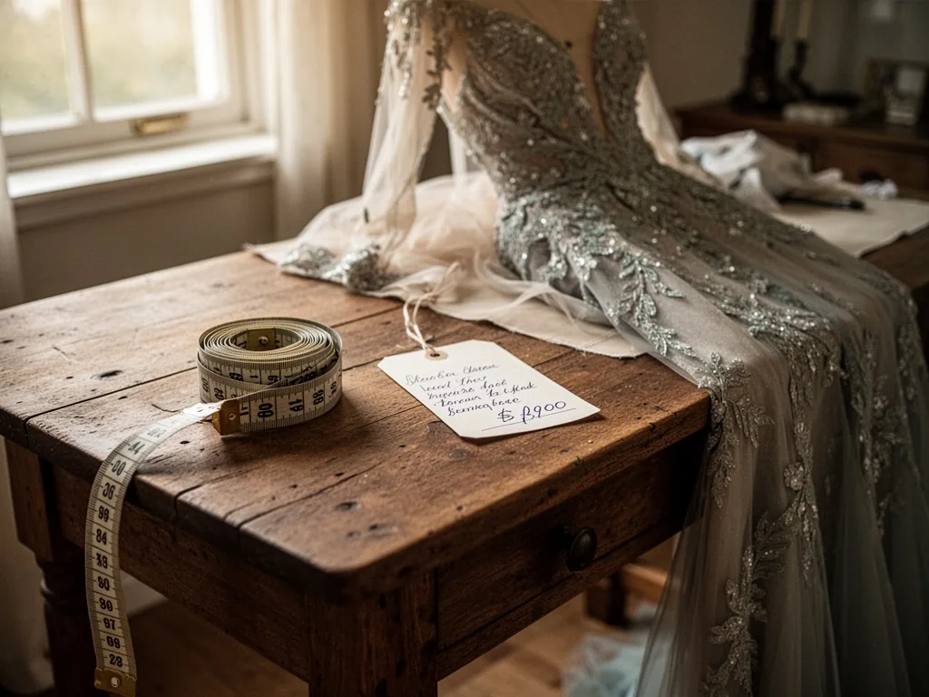 A wooden tailor's table with a rolled measuring tape, a half-finished evening gown, and a handwritten price tag, soft wi