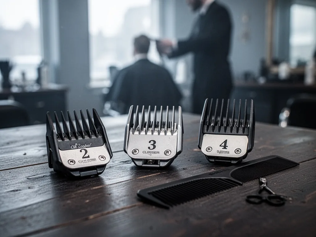 Three numbered clipper guards and a comb arranged on a dark wooden table, blurred barber silhouette behind, cool morning