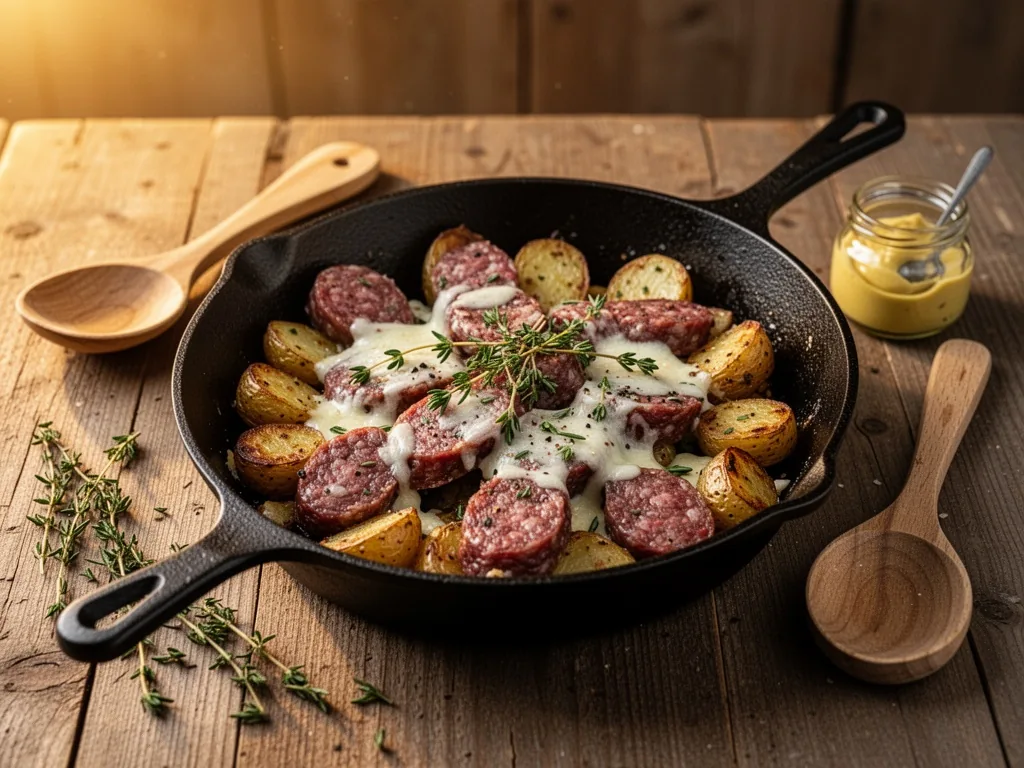 A cast iron skillet with sliced figatelli, leftover roasted potatoes, melted cheese, and fresh thyme, beside a wooden sp