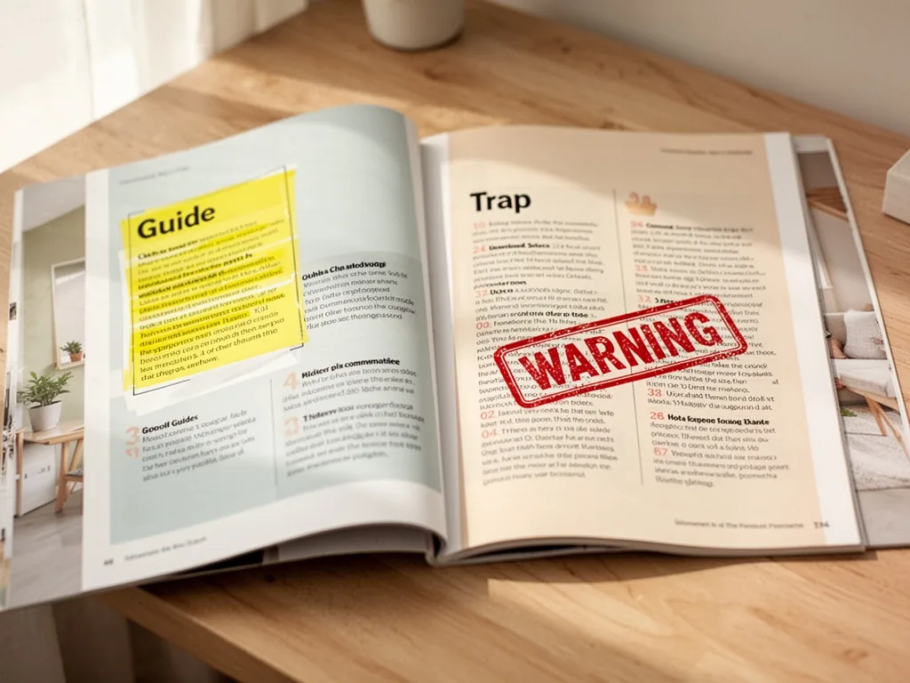 A glossy magazine page open on a wooden desk, a yellow-highlighted 'Guide' box on left, a red warning stamp on a 'Trap' 