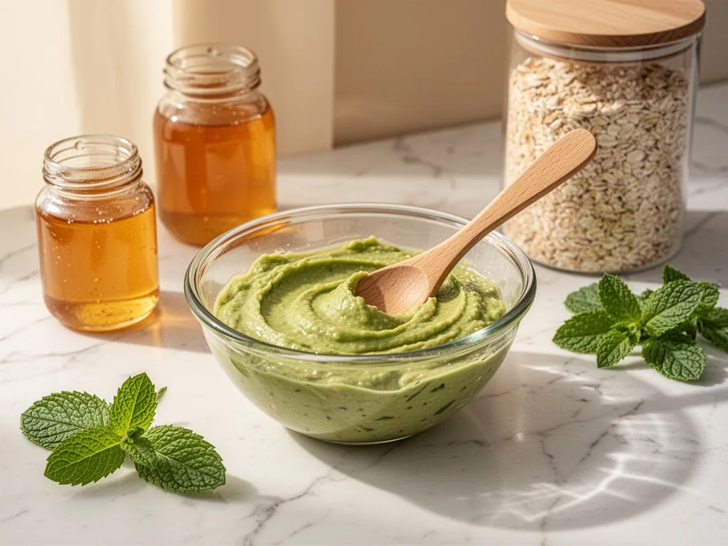 A glass bowl with green avocado mask and a wooden spoon on a marble countertop, surrounded by honey jar, oatmeal contain