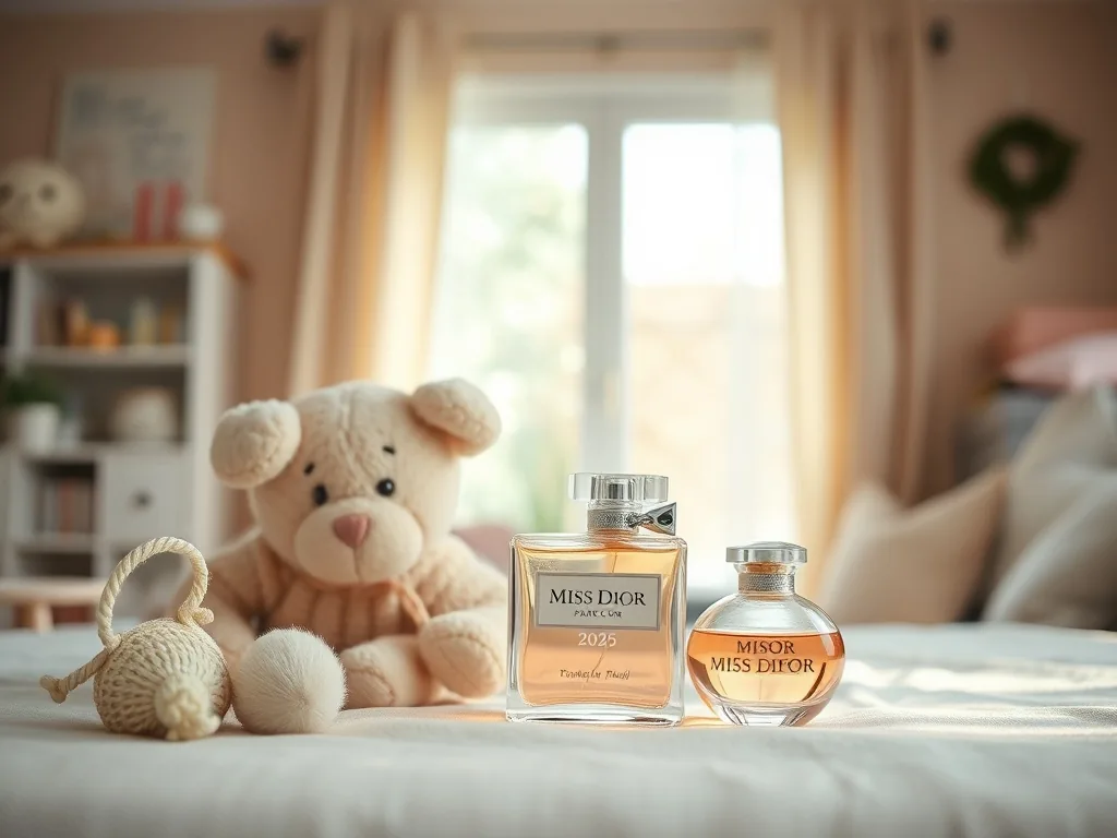 Plusieurs flacons du parfum Miss Dior posés sur une coiffeuse, avec une lumière naturelle douce