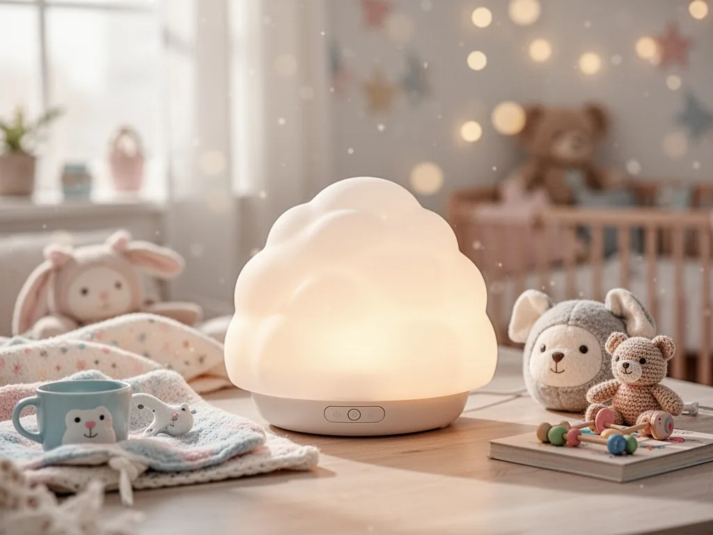 Veilleuse en forme de nuage blanc posée sur une table de chevet, diffusant une lumière douce et orangée dans une chambre