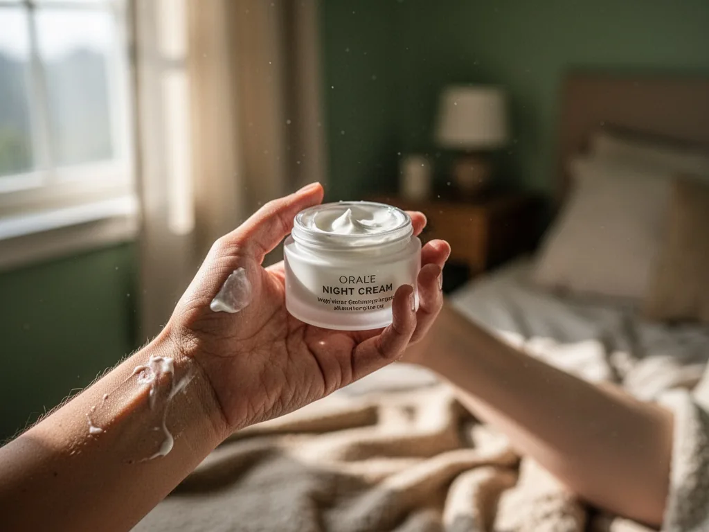 A woman's hand holding a small white pot of night cream, tired skin visible on wrist, early morning light streaming thro