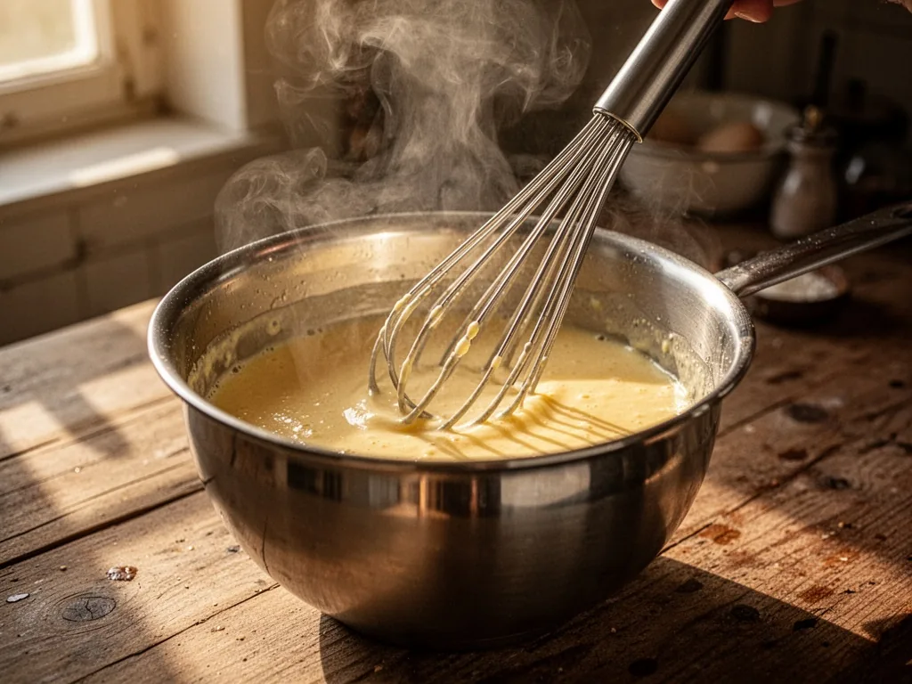 A whisk vigorously beating pale yellow sabayon in a stainless steel bowl over a simmering water bath, steam rising, warm