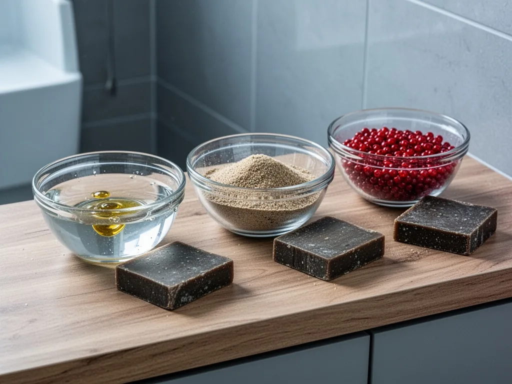 Three clear glass bowls on a wooden counter: one with oily water, one with dry sand, one with red beads, each next to a
